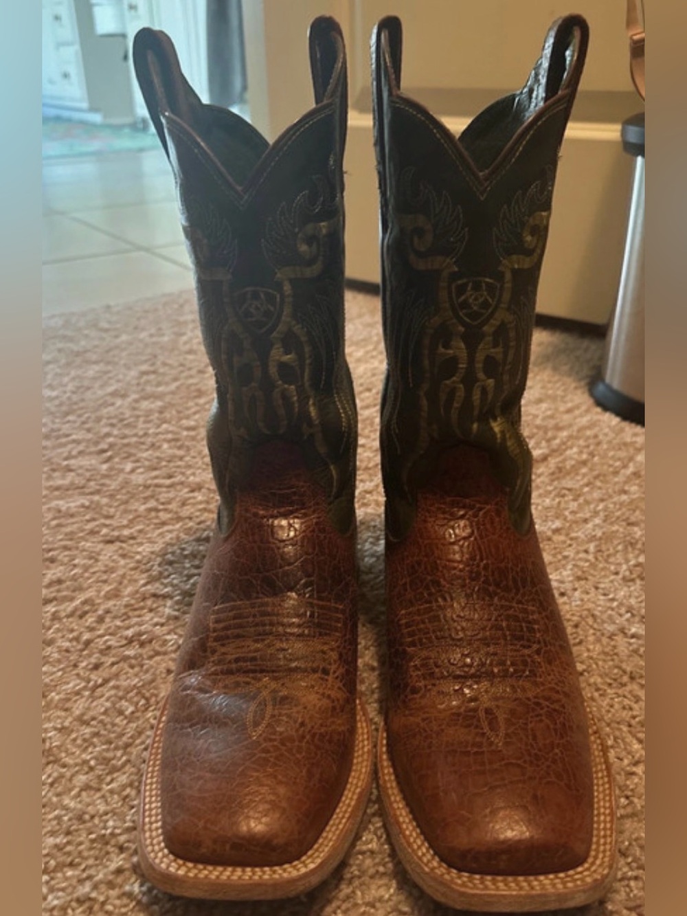 Ariat Brown Leather Cowboy Boots with Embroidered Dark Green Shaft